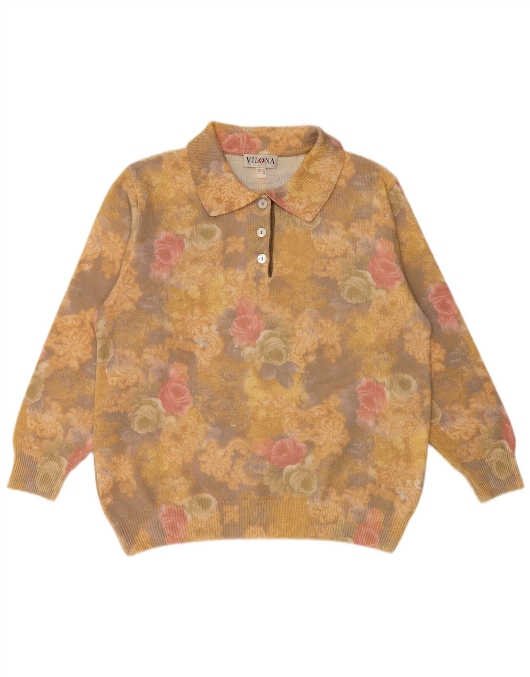 Женский свитер с воротником поло VILONA MODA UK 18 XL, желтый цветочный шерстяной свитер