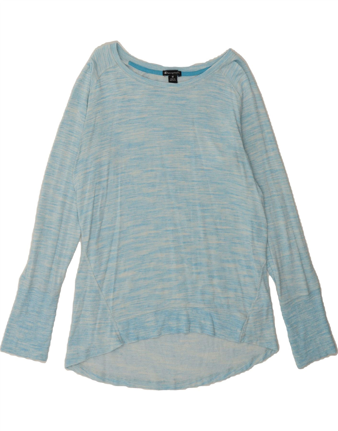 CHAMPION Womens Graphic Top Long Sleeve UK 14 Medium Blue Flecked Rayon Vintage Champion and Second-Hand Champion from Messina Hembry 