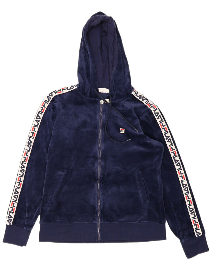 FILA Womens Graphic Zip Hoodie Sweater UK 14 Medium Navy Blue Polyester