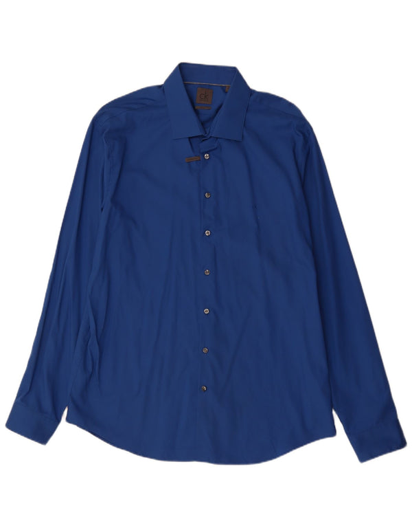 Мужская приталенная рубашка Calvin Klein, размер 44, 17, 1/2 XL, синяя, хлопок