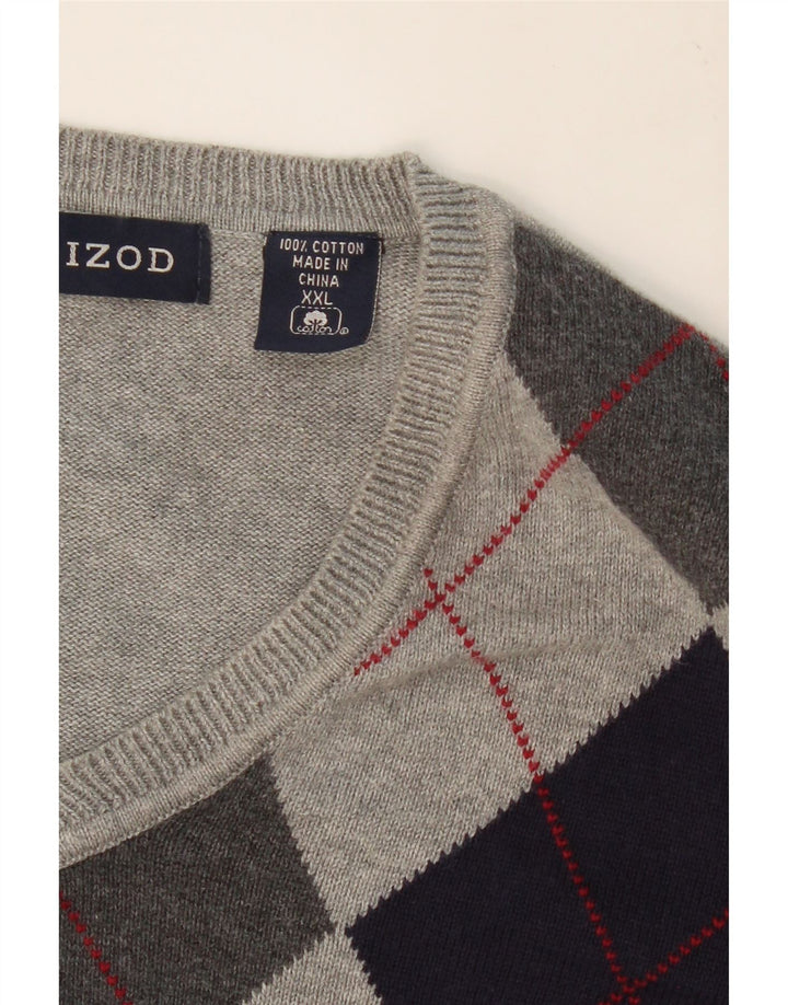 IZOD Mens V-Neck Jumper Sweater 2XL Grey Argyle/Diamond Cotton Vintage Izod and Second-Hand Izod from Messina Hembry 
