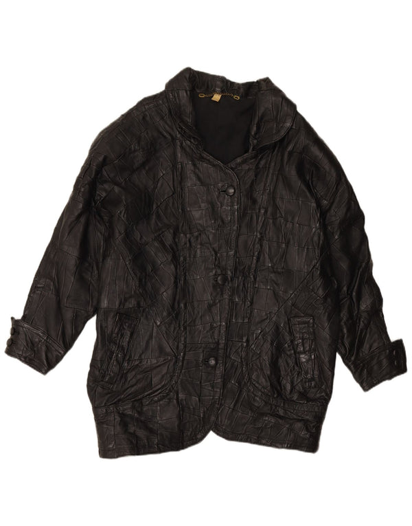 ВИНТАЖНОЕ Женское кожаное пальто оверсайз UK 8 маленькое черное кожаное в стиле пэчворк