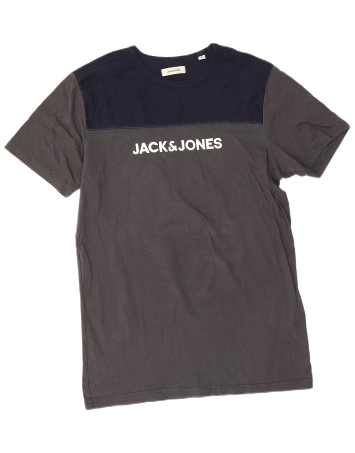 Мужская футболка с рисунком Jack & Jones, хлопковый топ среднего серого цвета с цветными блоками