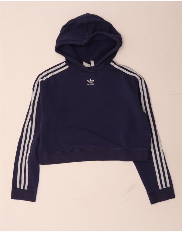 Женский укороченный свитер с капюшоном на молнии Adidas UK 10, маленький, темно-синий