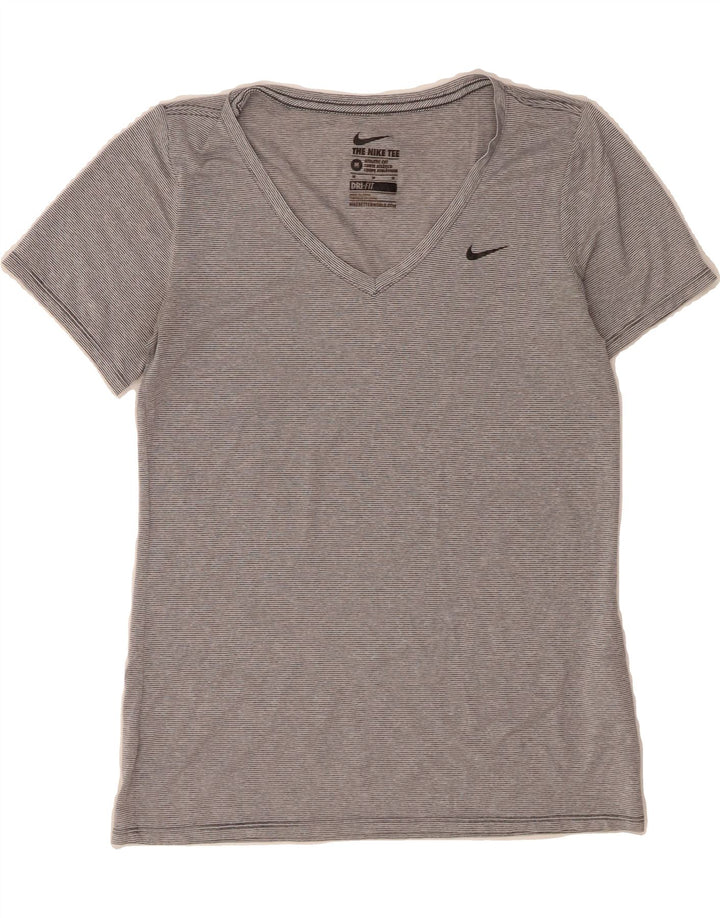 NIKE Womens Dri Fit T-Shirt Top UK 12 Medium Grey Pinstripe Polyester Vintage Nike and Second-Hand Nike from Messina Hembry 