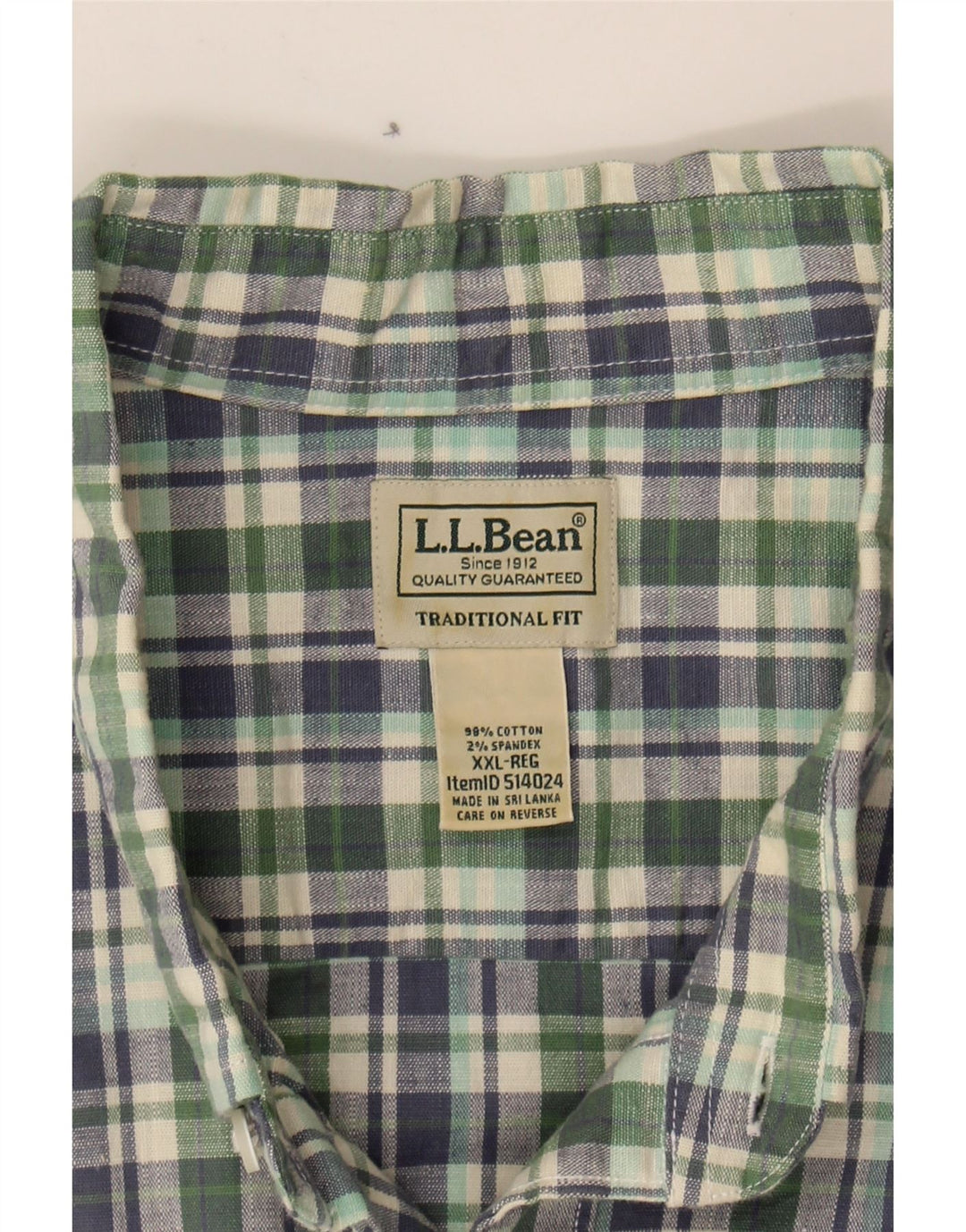 L.L.BEAN Mens Traditional Fit Short Sleeve Shirt 2XL Green Check Cotton