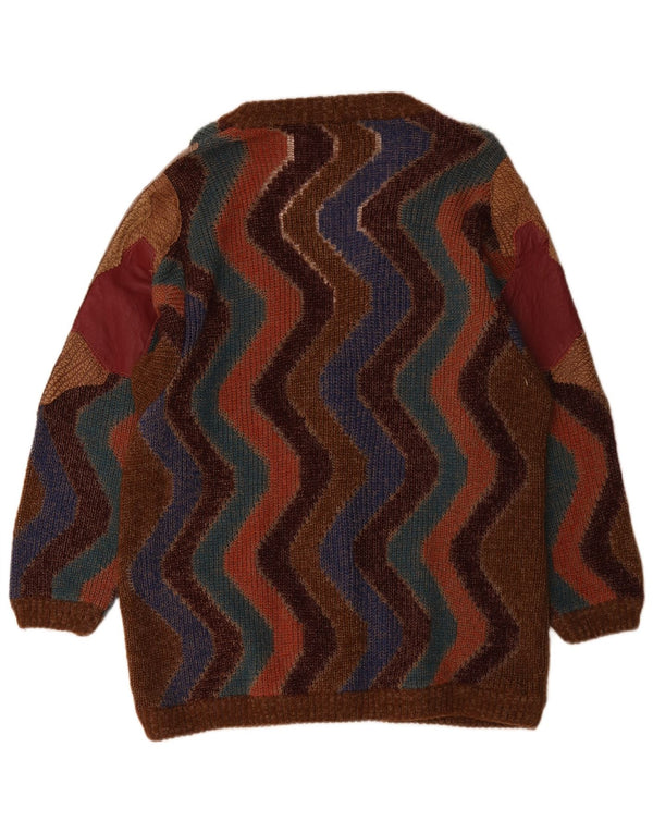 Винтажный женский свитер-кардиган, Великобритания, 18 XL, коричневый, шерстяной с цветными блоками