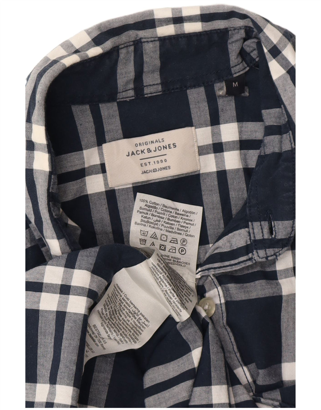 Мужская рубашка с коротким рукавом Jack & Jones среднего размера, темно-синяя клетка, хлопок