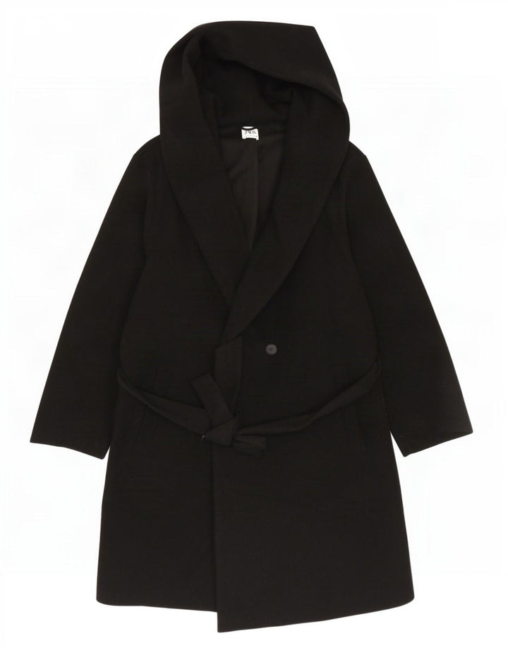 Женское двубортное пальто с капюшоном Zara UK 18 XL, черный полиэстер