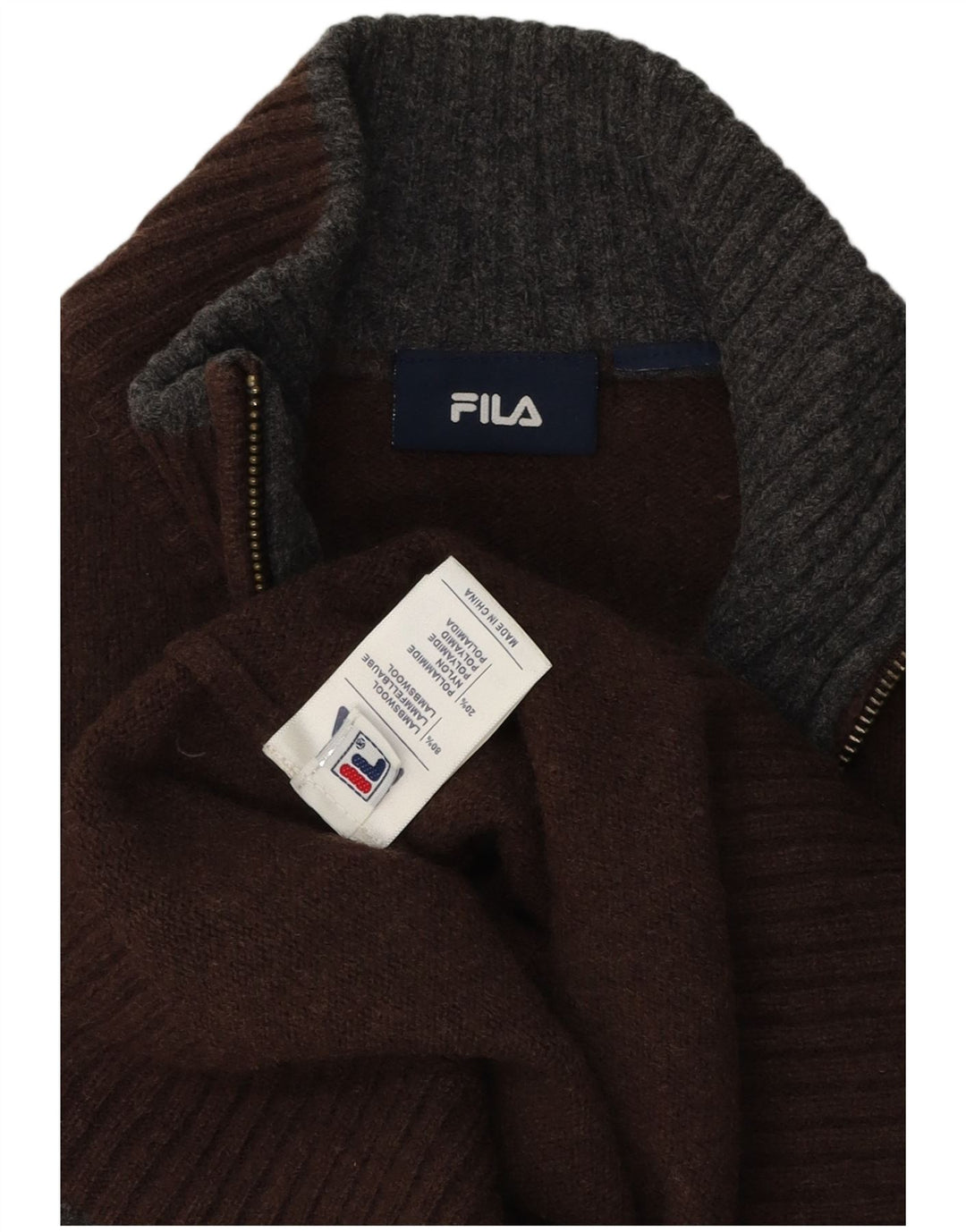 Мужской свитер Fila с воротником на молнии, большой коричневый из овечьей шерсти