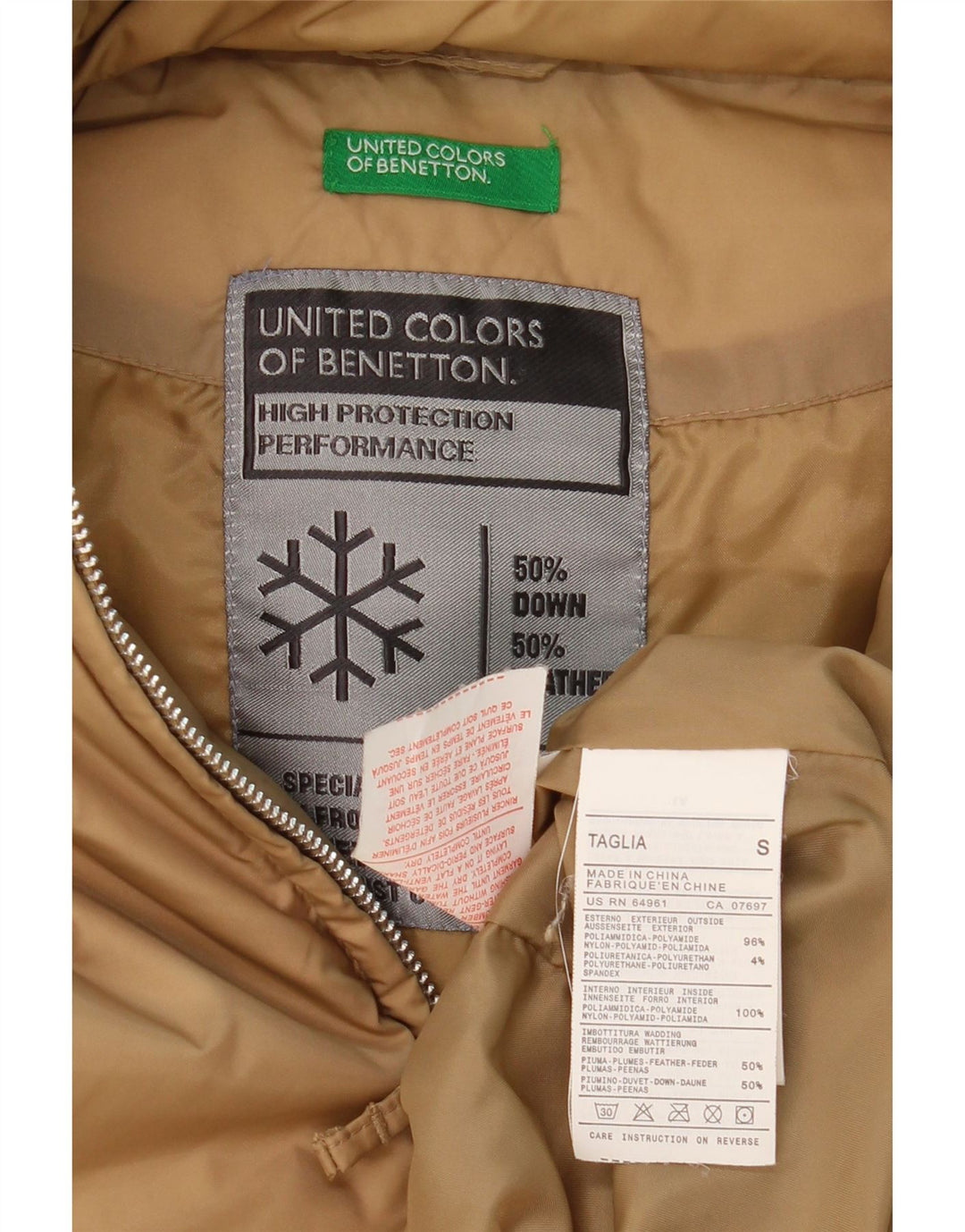 BENETTON Womens Hooded Padded Jacket UK 10 Small Beige Nylon Vintage Benetton and Second-Hand Benetton from Messina Hembry 