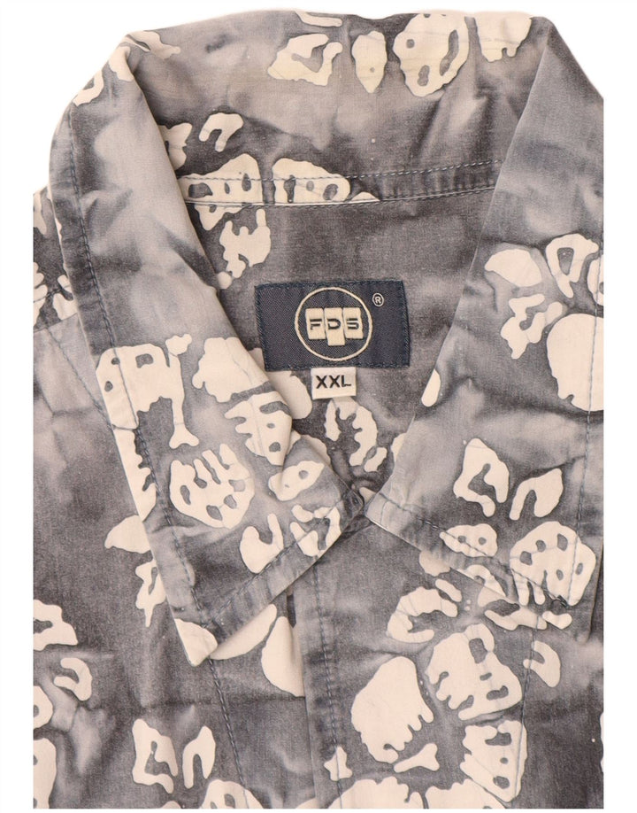 Винтажная мужская рубашка с коротким рукавом 2XL, серая, хлопковая с цветочным принтом