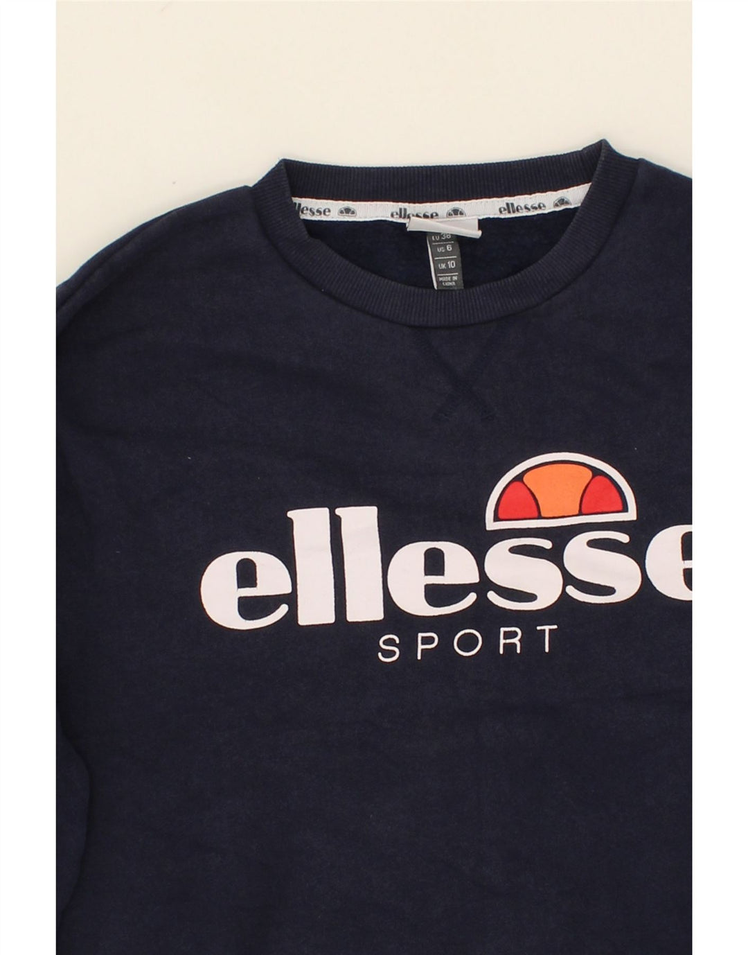 ELLESSE Womens Oversized Graphic Sweatshirt Jumper UK 10 Small Navy Blue Vintage Ellesse and Second-Hand Ellesse from Messina Hembry 