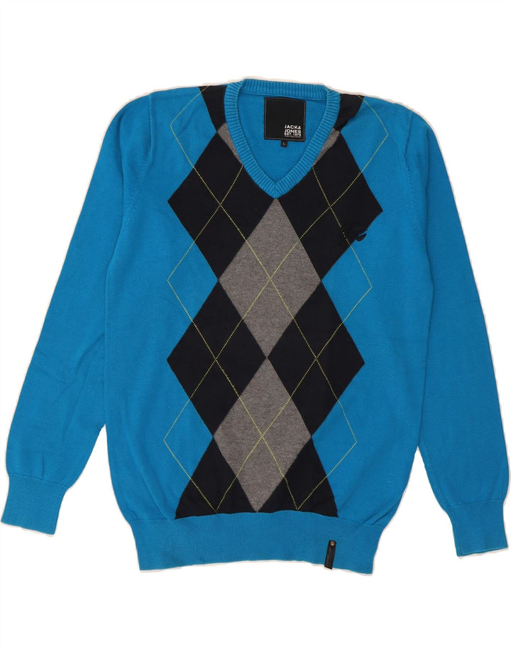 JACK & JONES Mens V-Neck Jumper Sweater Large Blue Argyle/Diamond Cotton Vintage Jack & Jones and Second-Hand Jack & Jones from Messina Hembry 