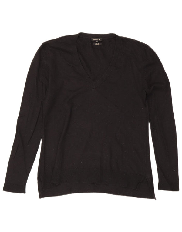 Женский джемпер с v-образным вырезом Massimo Dutti UK 14, большой черный, шерсть