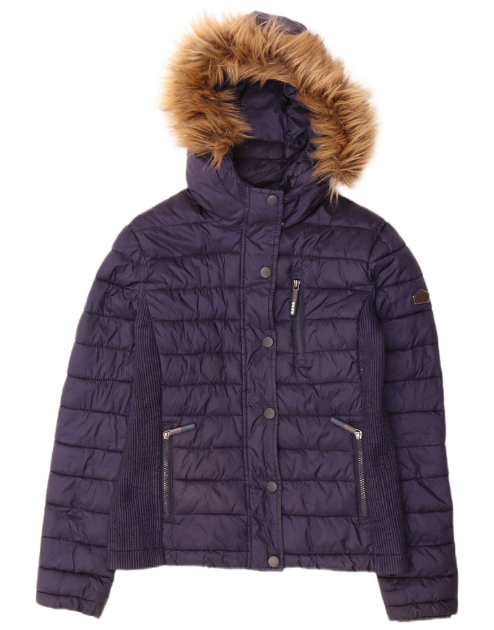 SUPERDRY Женская утепленная куртка с капюшоном UK 14 Средний Темно-Синий Полиэстер