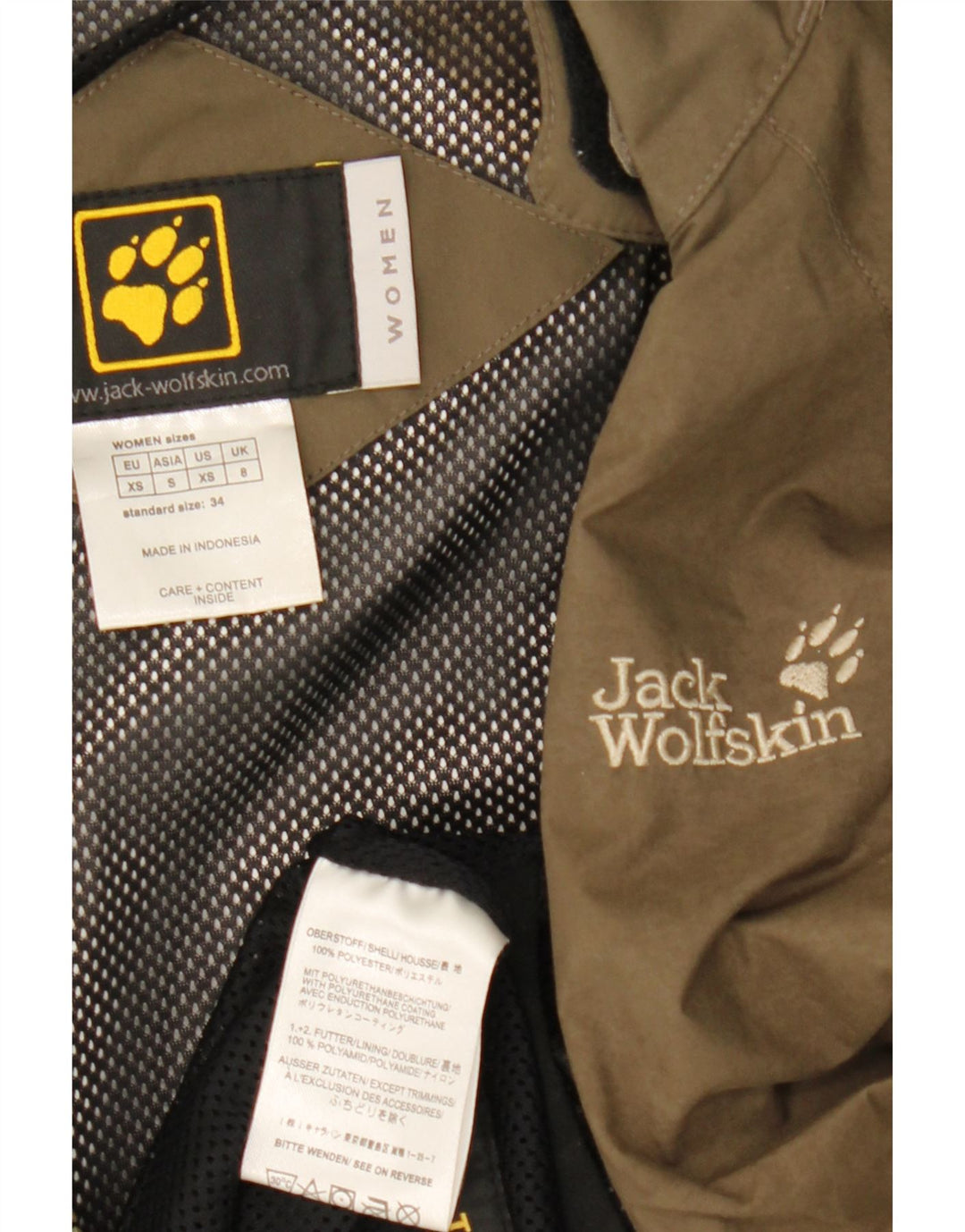 Женская дождевик с капюшоном Jack Wolfskin UK 8, маленький, цвет хаки, полиэстер