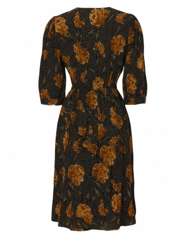 Винтажное женское платье макси с рукавом 3/4, Великобритания, 16, большой черный цветочный ацетат