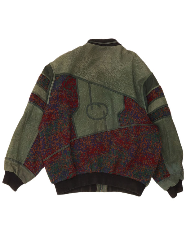 Винтажная мужская кожаная куртка EU 52 XL из кожи цвета хаки с цветными блоками