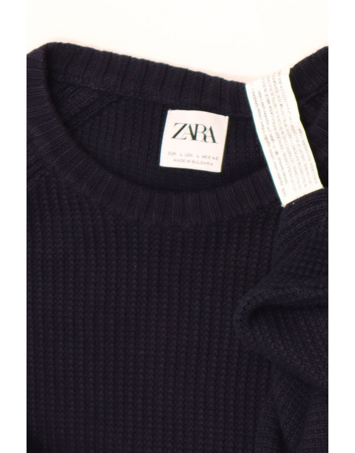Мужской джемпер с круглым вырезом Zara, большой темно-синий хлопковый свитер