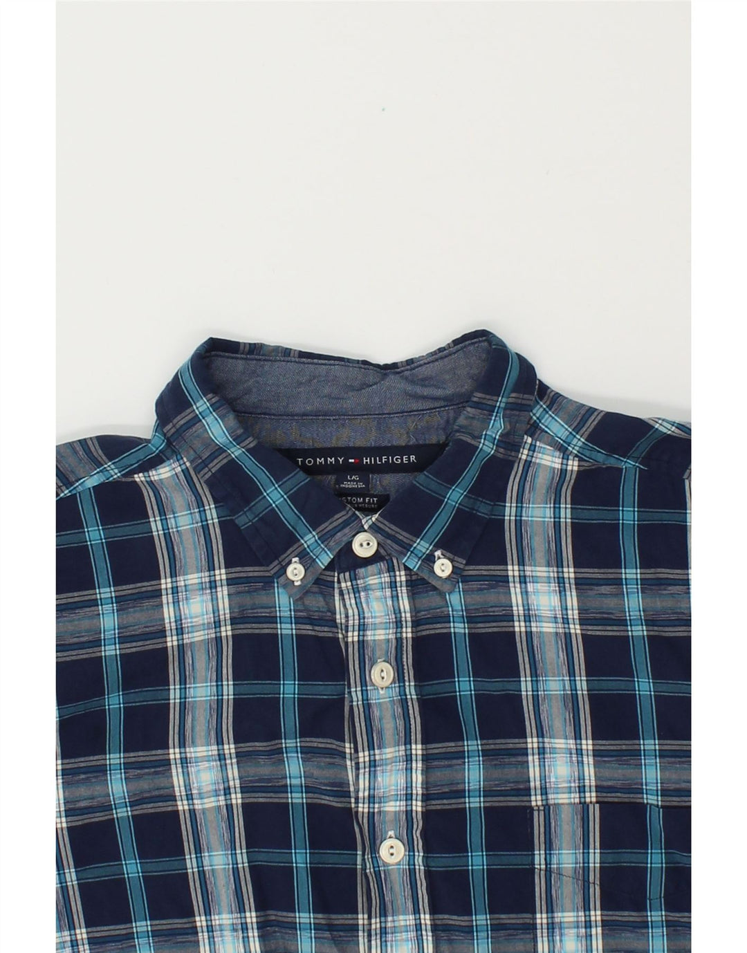 TOMMY HILFIGER Mens Custom Fit Shirt Large Navy Blue Check Cotton Vintage Tommy Hilfiger and Second-Hand Tommy Hilfiger from Messina Hembry 