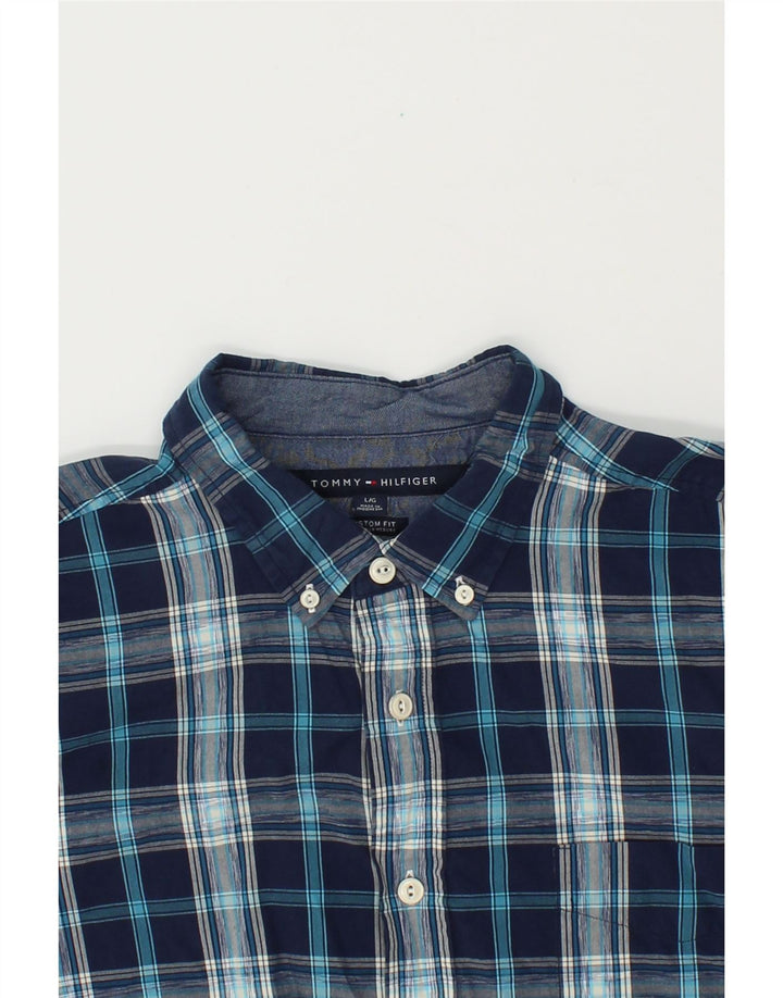TOMMY HILFIGER Mens Custom Fit Shirt Large Navy Blue Check Cotton Vintage Tommy Hilfiger and Second-Hand Tommy Hilfiger from Messina Hembry 