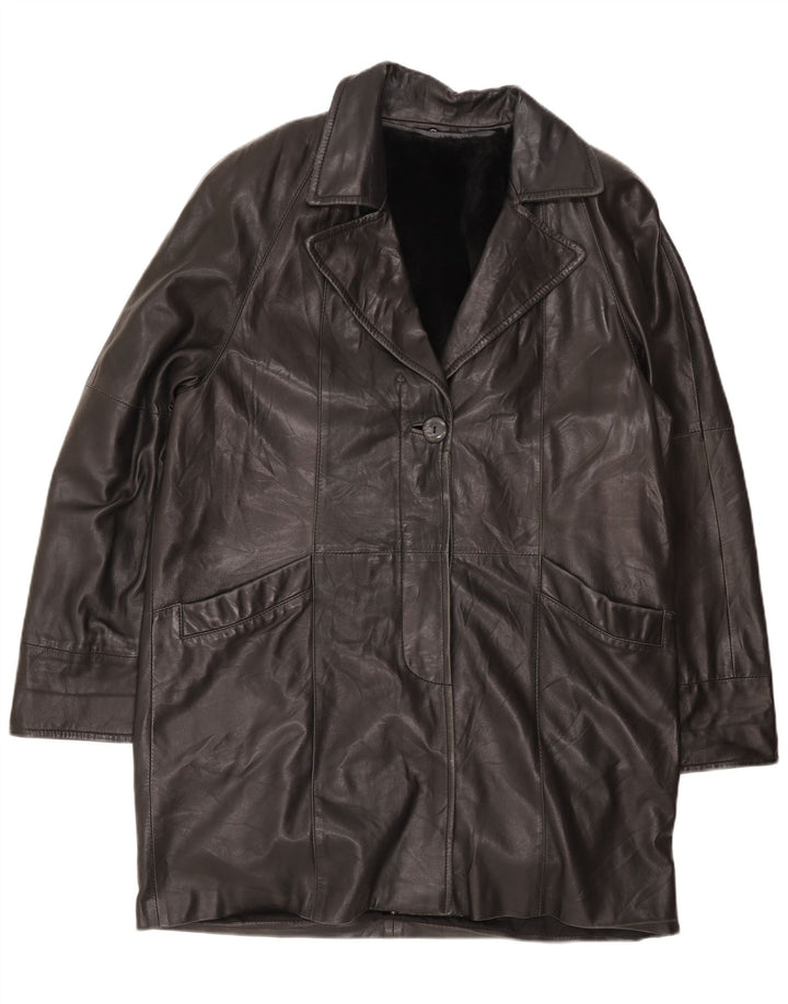 Винтажное женское кожаное пальто UK 16, большое черное