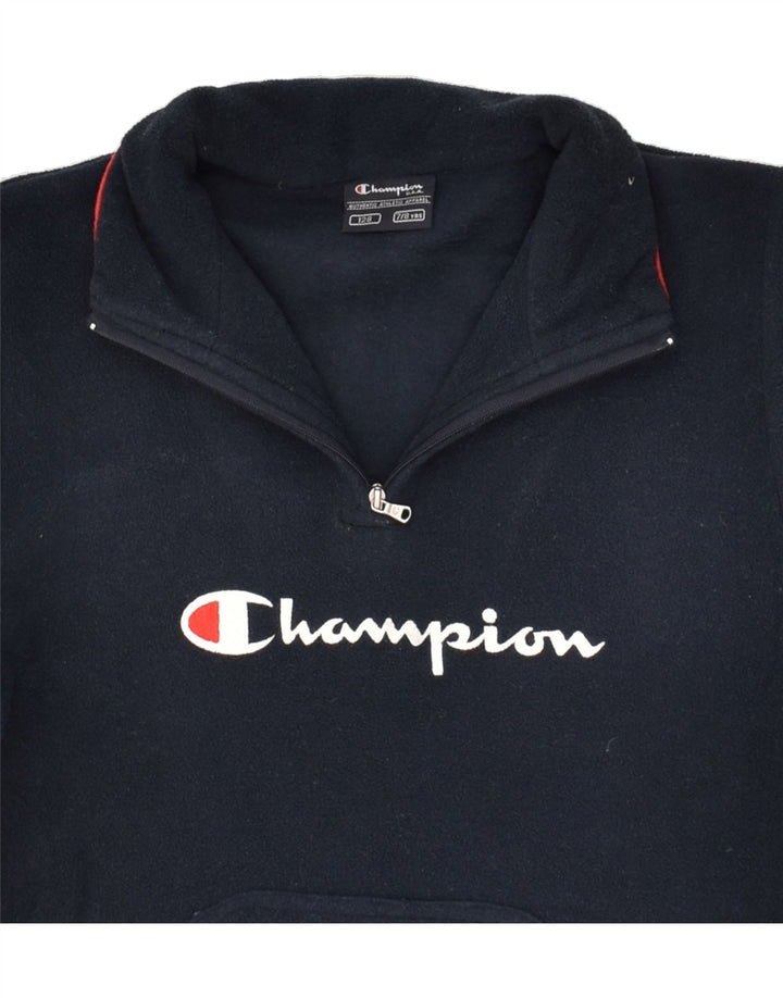 CHAMPION Boys Graphic Zip Neck Fleece Jumper 7-8 Years Navy Blue Polyester | Vintage Champion | Thrift | Second-Hand Champion | Used Clothing | Messina Hembry 