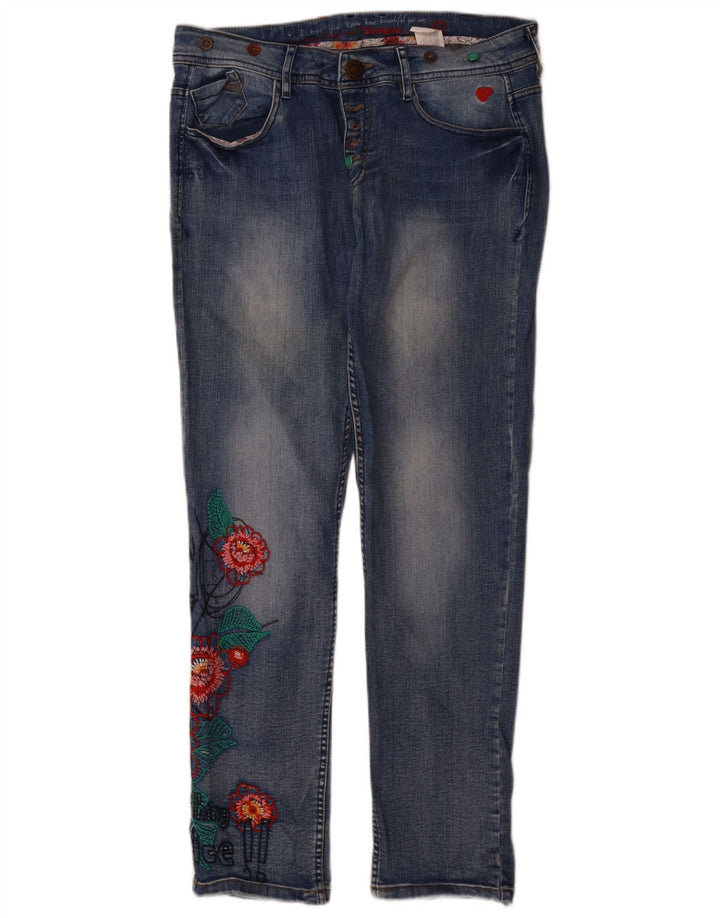 Женские узкие джинсы Desigual W32 L31 синие из полиэстера с цветочным принтом