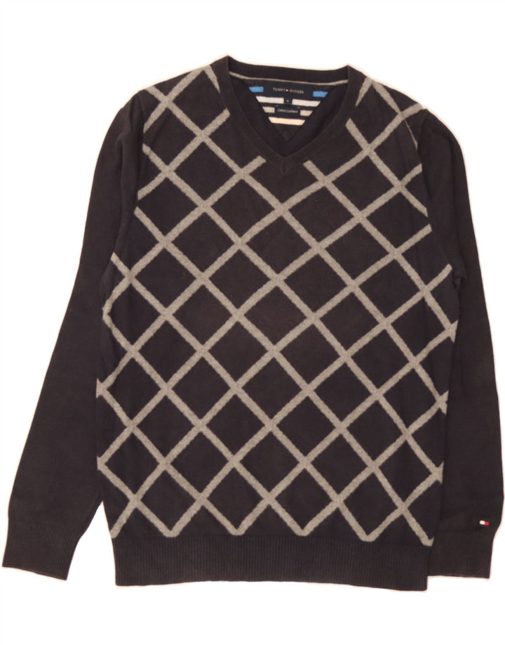 TOMMY HILFIGER Mens V-Neck Jumper Sweater Medium Navy Blue Argyle/Diamond Vintage Tommy Hilfiger and Second-Hand Tommy Hilfiger from Messina Hembry 