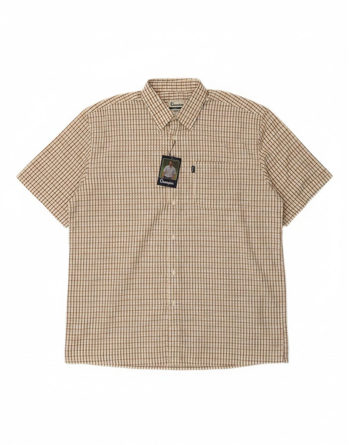 CHAMPION Mens Short Sleeve Shirt 2XL Beige Check Polyester