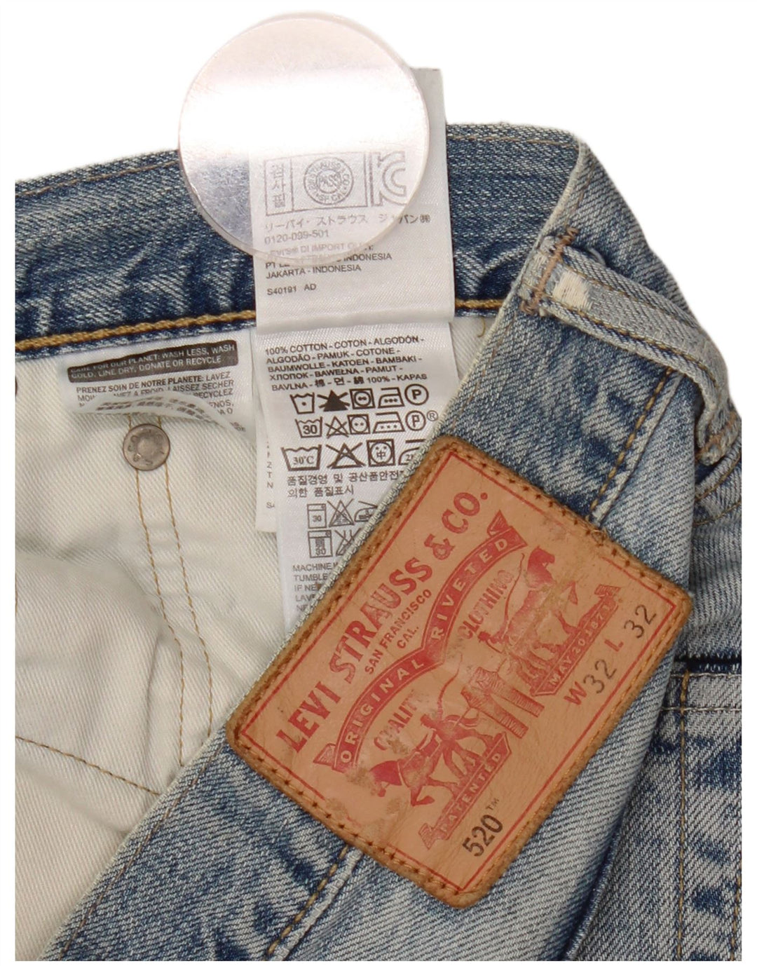 Мужские зауженные джинсы Levi's 520 W32 L32 синие, хлопок