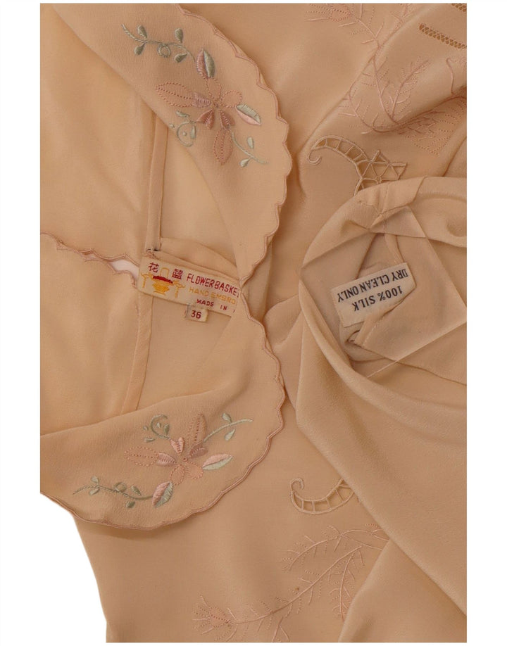 ВИНТАЖНАЯ женская блузка-рубашка с длинным рукавом EU 36, маленькая, бежевый, шелковый цветочек