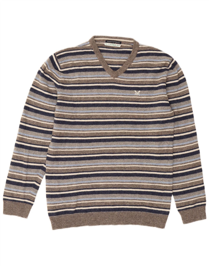 Crew Clothing Мужской джемпер с v-образным вырезом, свитер среднего серого цвета в полоску, шерстяной