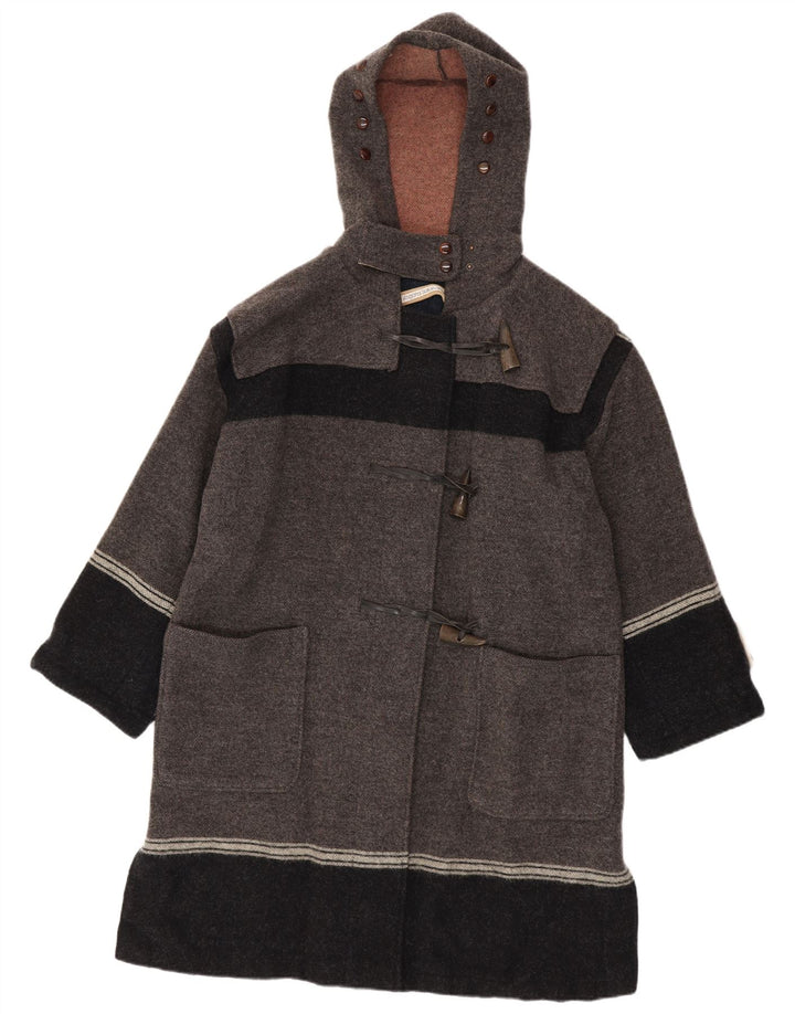 Винтажный мужской дафлкот с капюшоном IT 42 XL Серый из натуральной шерсти с цветными блоками