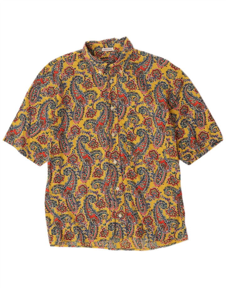 Alberto Aspesi Мужская рубашка с коротким рукавом среднего желтого цвета, хлопок с пейсли