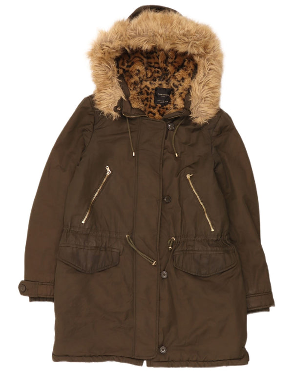 Женская парка из шерпы с капюшоном Zara UK 14, средний хаки