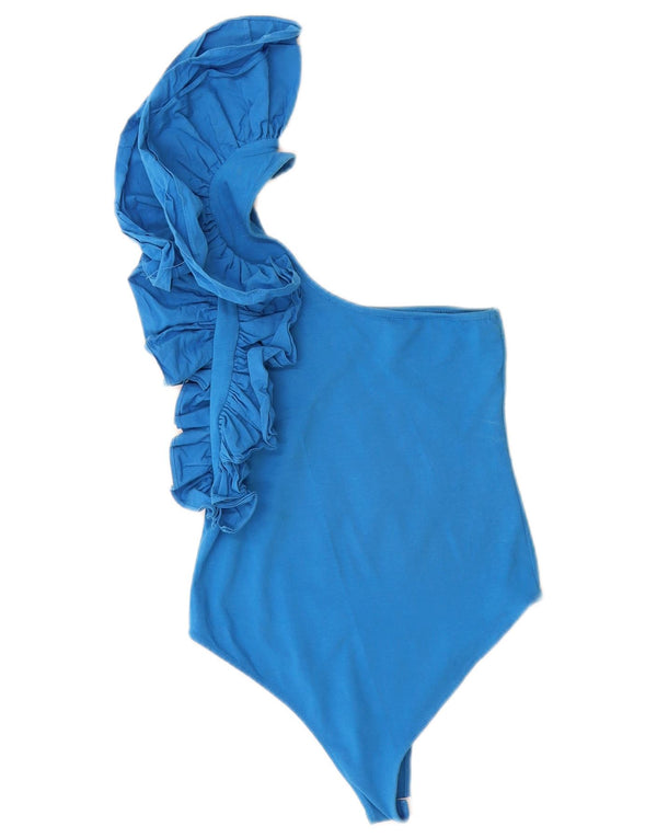 Женское боди на одно плечо с рюшами Zara UK 8, маленький синий хлопок