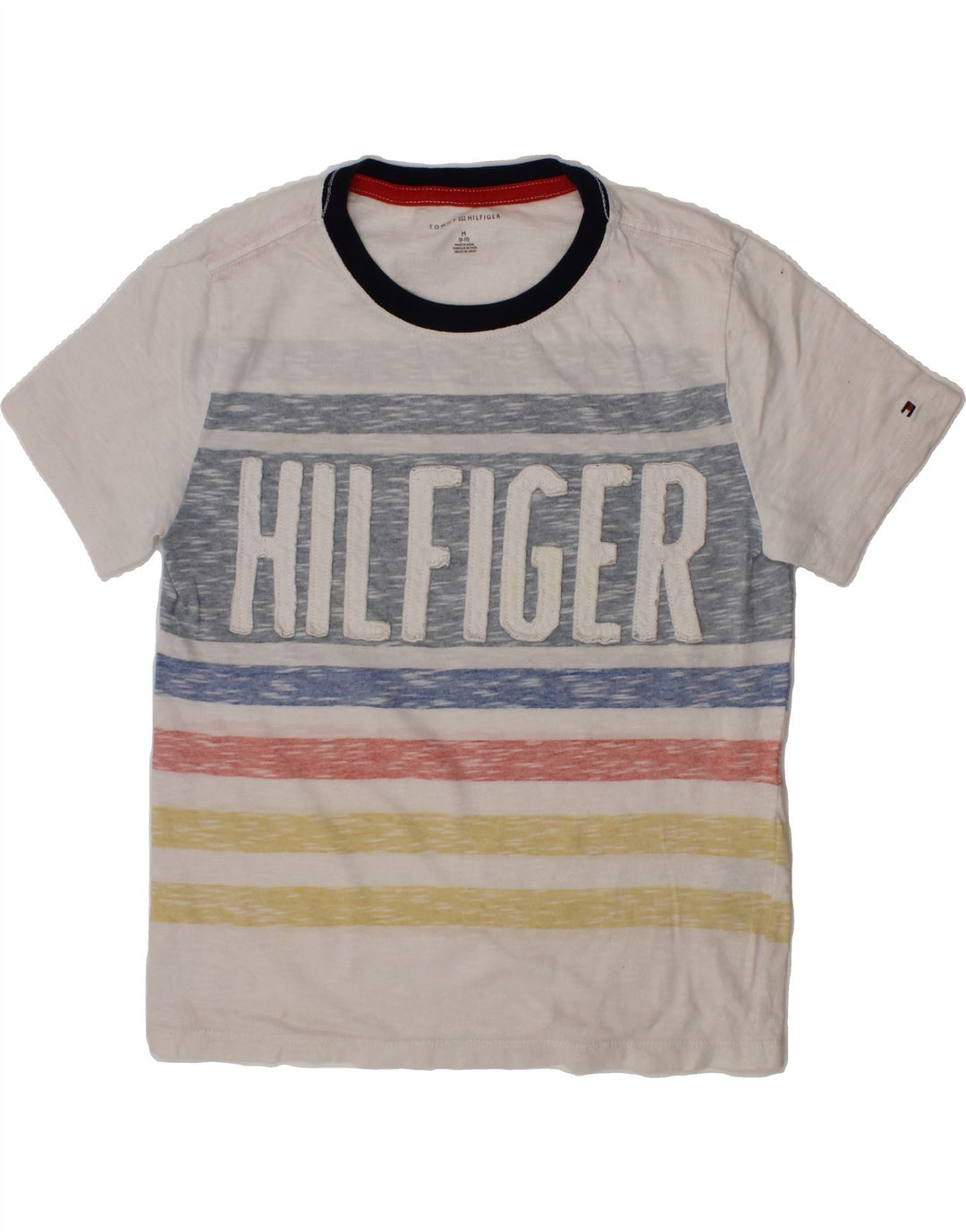 TOMMY HILFIGER Boys Graphic T-Shirt Top 8-9 Years Medium White Striped Vintage Tommy Hilfiger and Second-Hand Tommy Hilfiger from Messina Hembry 