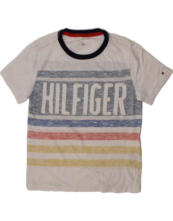 TOMMY HILFIGER Boys Graphic T-Shirt Top 8-9 Years Medium White Striped Vintage Tommy Hilfiger and Second-Hand Tommy Hilfiger from Messina Hembry 