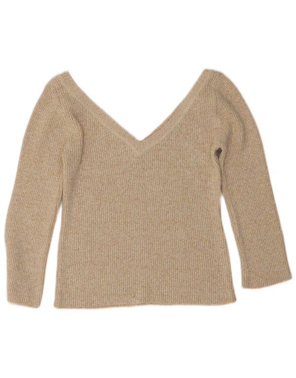Женский укороченный джемпер с v-образным вырезом и рукавами 3/4 Zara UK 14, большой бежевый в крапинку