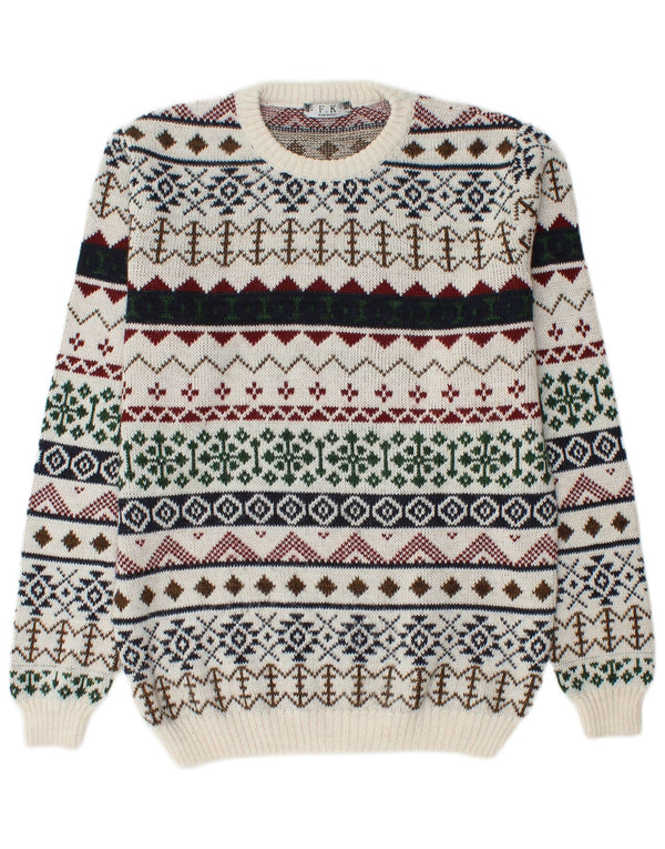 Винтажный мужской джемпер с круглым вырезом, большой белый акриловый свитер с жаккардовым узором