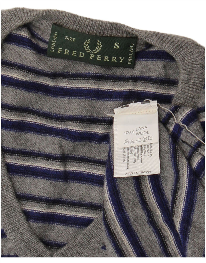 Мужской джемпер с v-образным вырезом Fred Perry, маленький серый шерстяной полосатый свитер