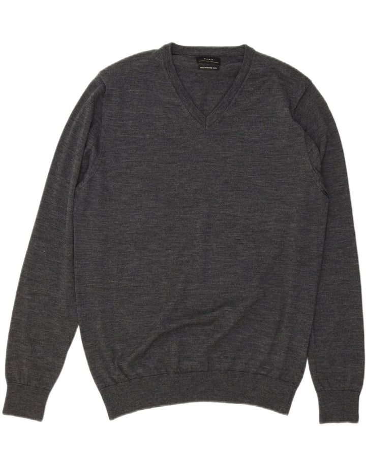 ZARA Mens V-Neck Jumper Sweater XL Grey Wool Vintage Zara and Second-Hand Zara from Messina Hembry 