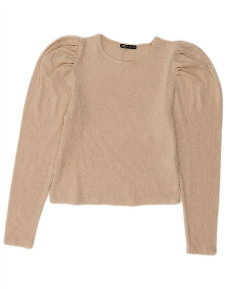 Женская укороченная блузка с длинными рукавами Zara UK 10, маленький размер, бежевый полиэстер