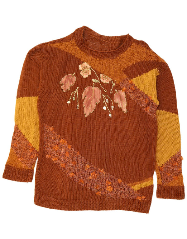 Vintage Womens Crew Neck Jumper Sweater UK 16 Large Brown Floral