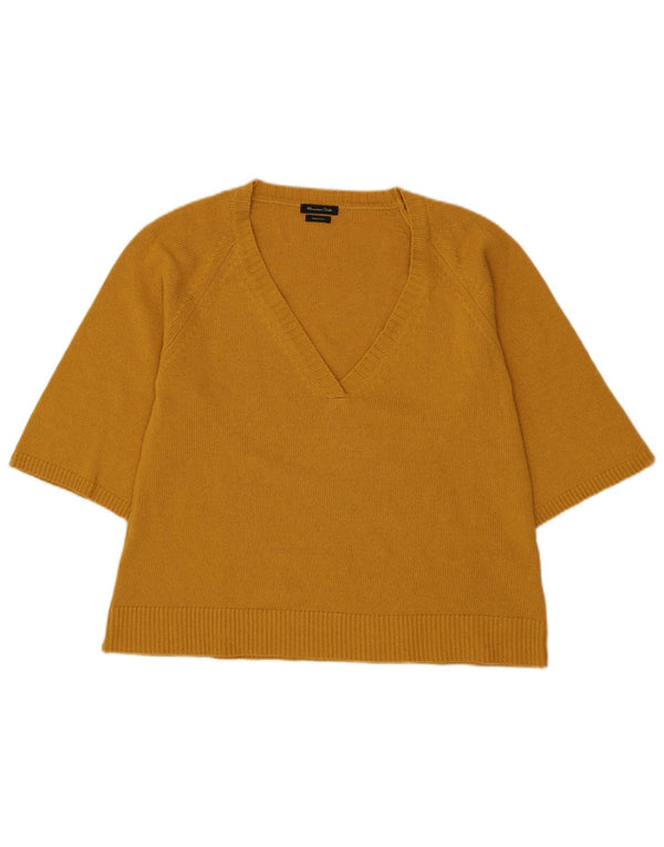 Женский джемпер с короткими рукавами и v-образным вырезом Massimo Dutti UK 14, средний желтый