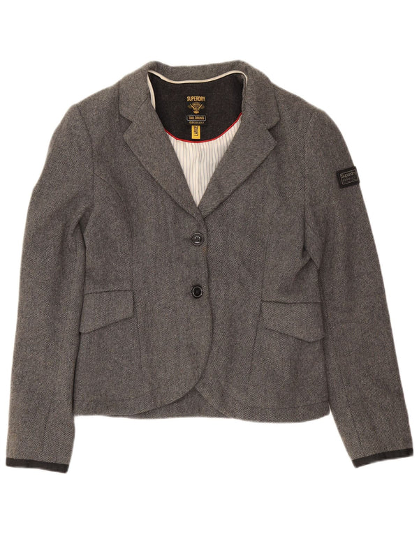 Superdry Womens 2 Button Blazer Jacket UK 14 Large Grey Wool