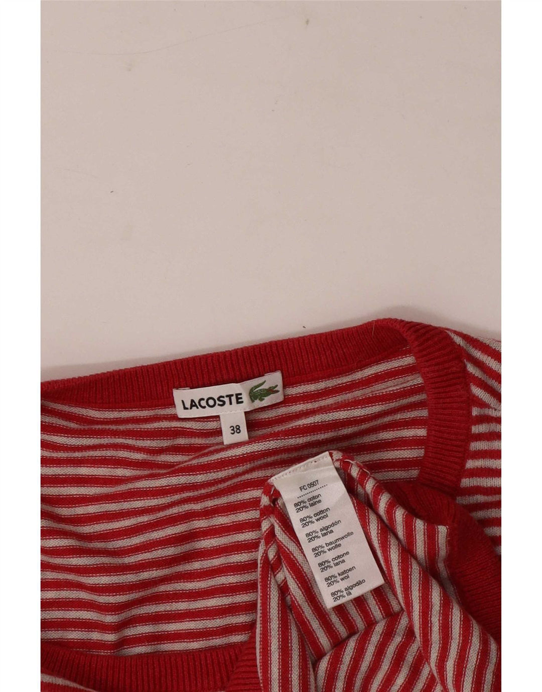 Женский джемпер с круглым вырезом Lacoste, размер 38, средний, в красную полоску