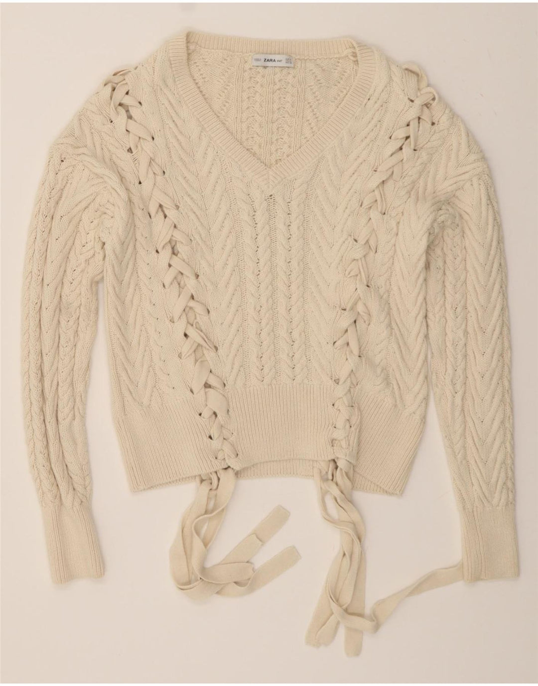 ZARA Womens V-Neck Jumper Sweater UK 14 Medium Off White Cotton Vintage Zara and Second-Hand Zara from Messina Hembry 